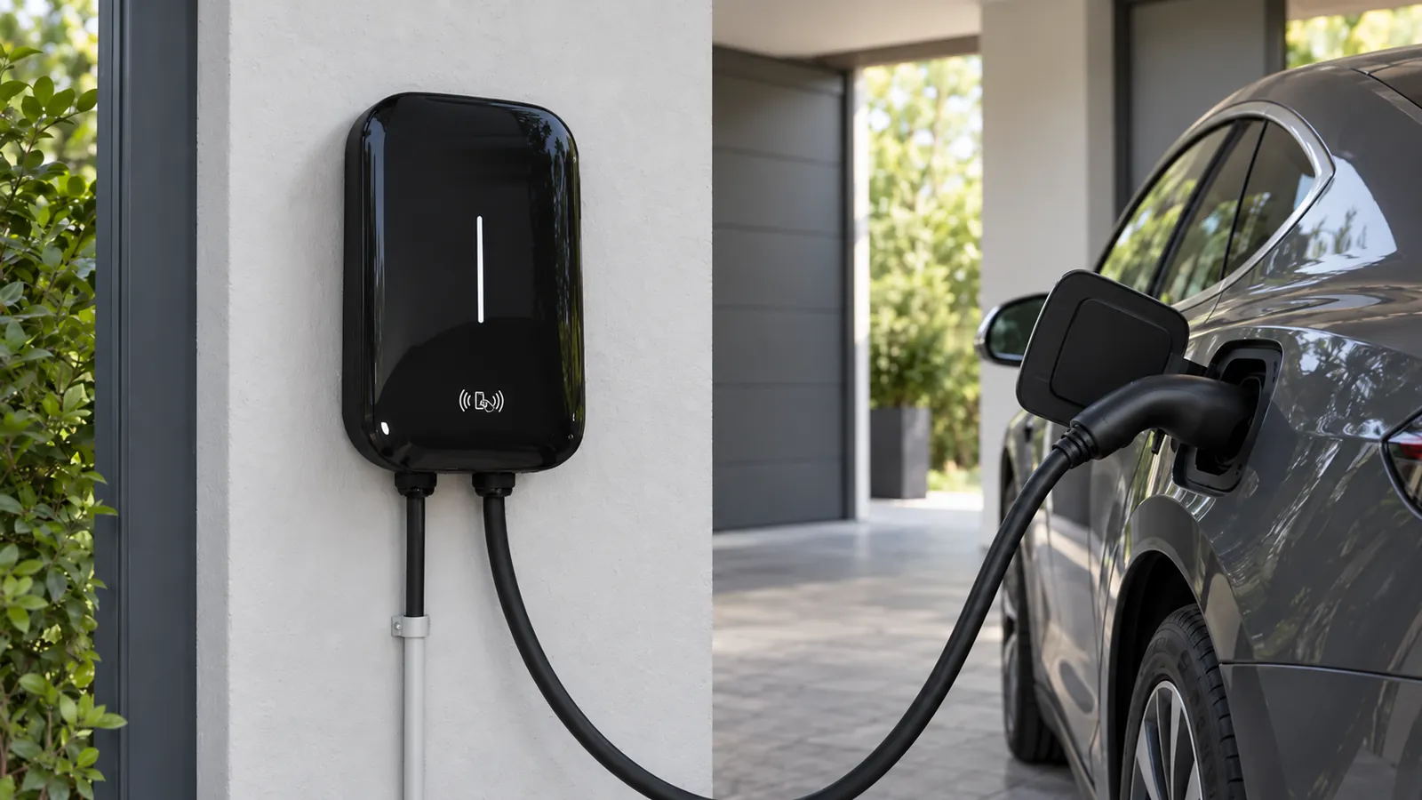 Wall-mounted AC charger charging an electric car at home